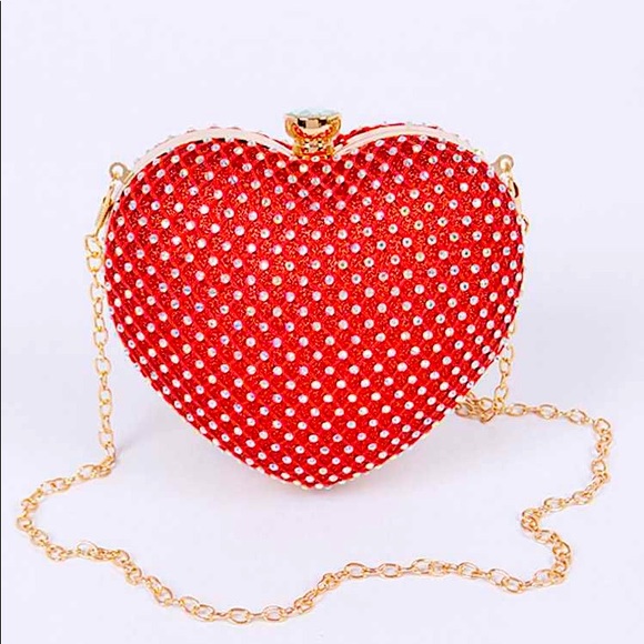J. ELISE BOUTIQUE Handbags - WOMEN’S RED MESH RHINESTONE HEART BOX GOLD STRAP CHAIN CLUTCH CROSSBODY PURSE